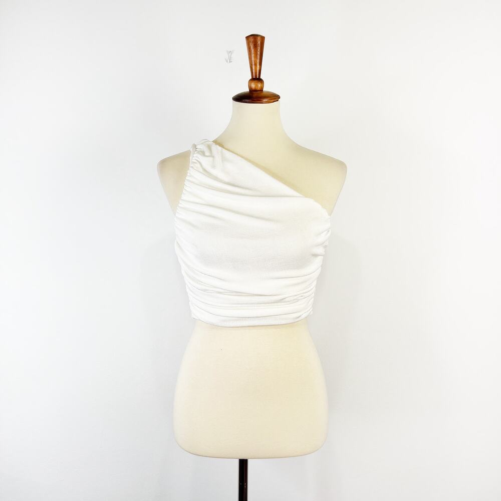 Ruched white one shoulder tank top cropped Size Medium